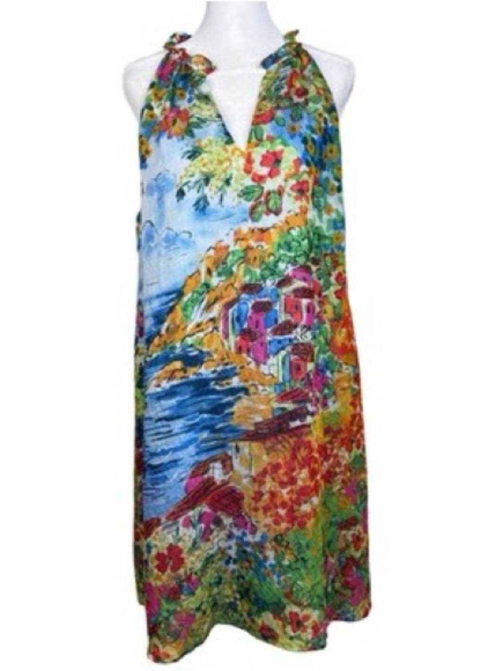 London Times Ruffle Neck A-Line Dress Womens M Floral Landscape Coastal Resort